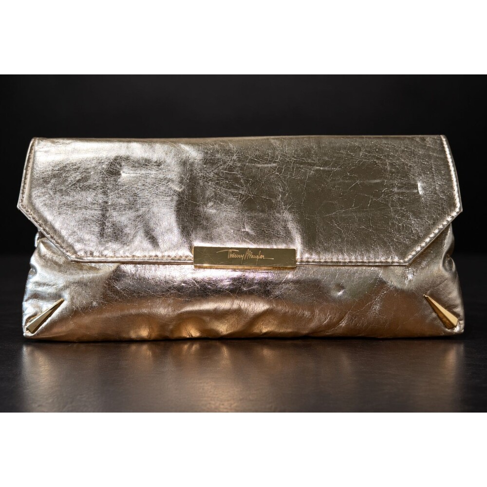 Thierry Mugler Metallic Champagne Gold Foldover Envelope Clutch Evening Bag Y2K